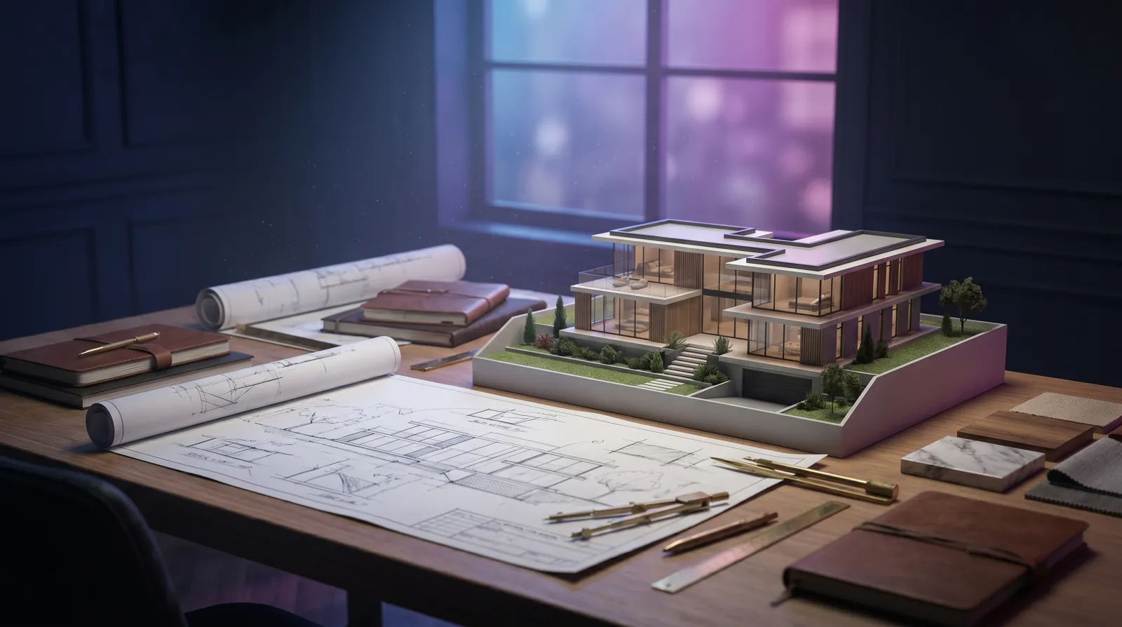 Mesa de arquiteto com plantas, maquete e amostras de materiais
