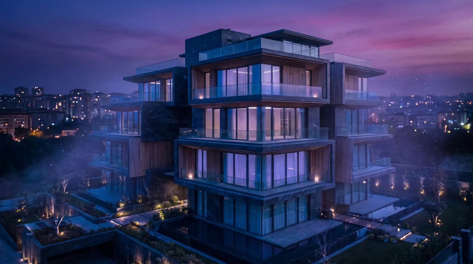 Fachada de edifício de alto padrão em construção ao entardecer