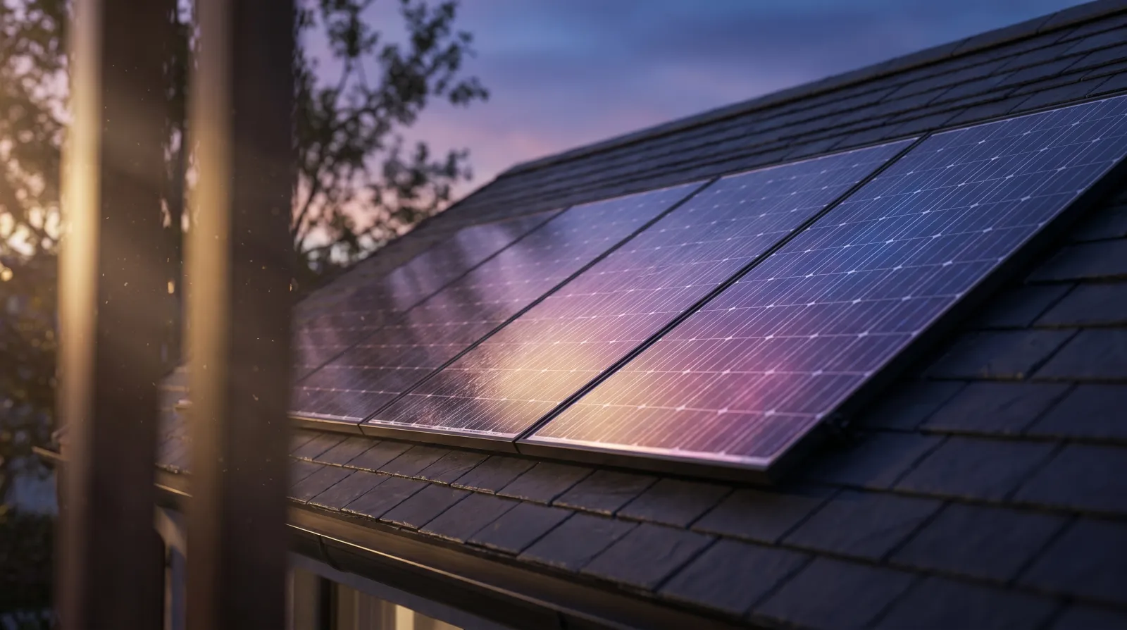 Painéis solares em telhado residencial de alto padrão ao entardecer